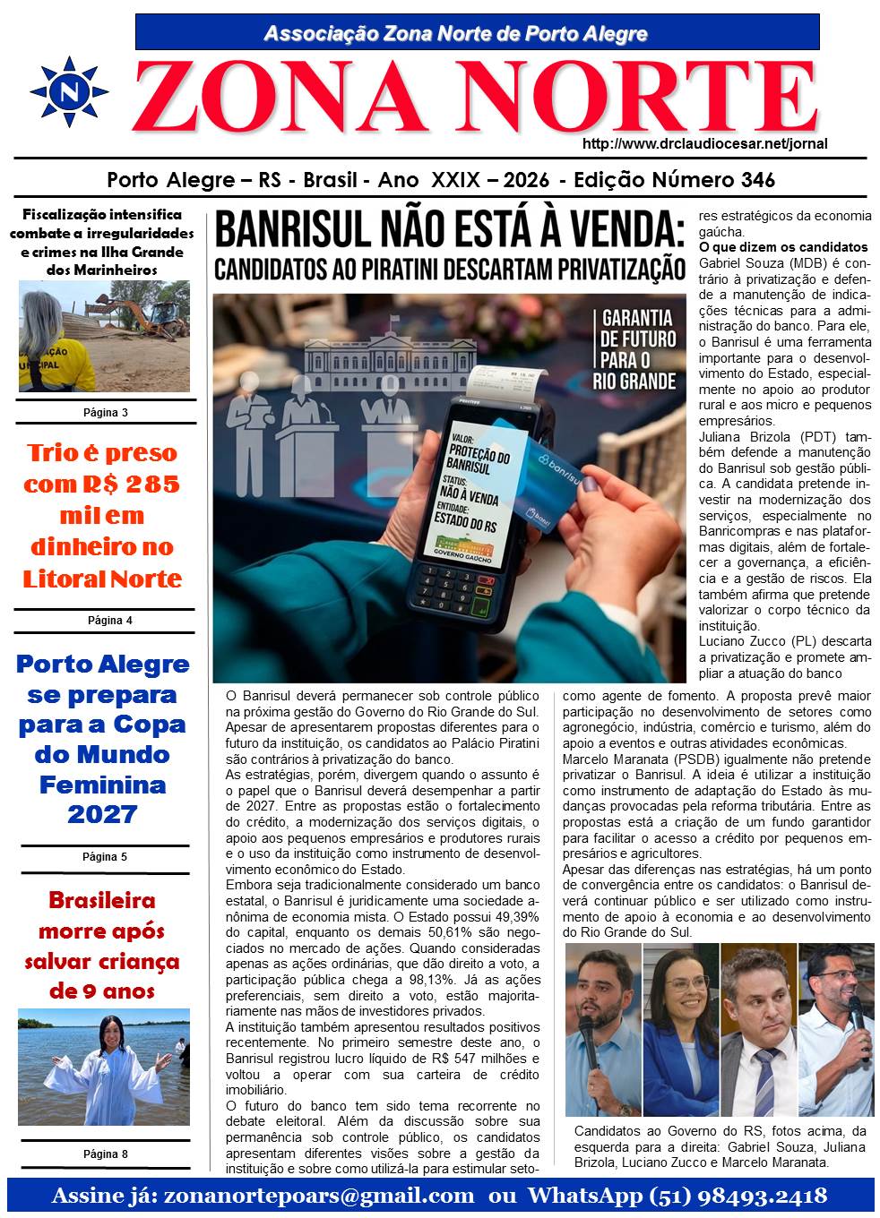 Capa do jornal Zona Norte com manchete “BANRISUL NÃO ESTÁ À VENDA” e foto de celular.